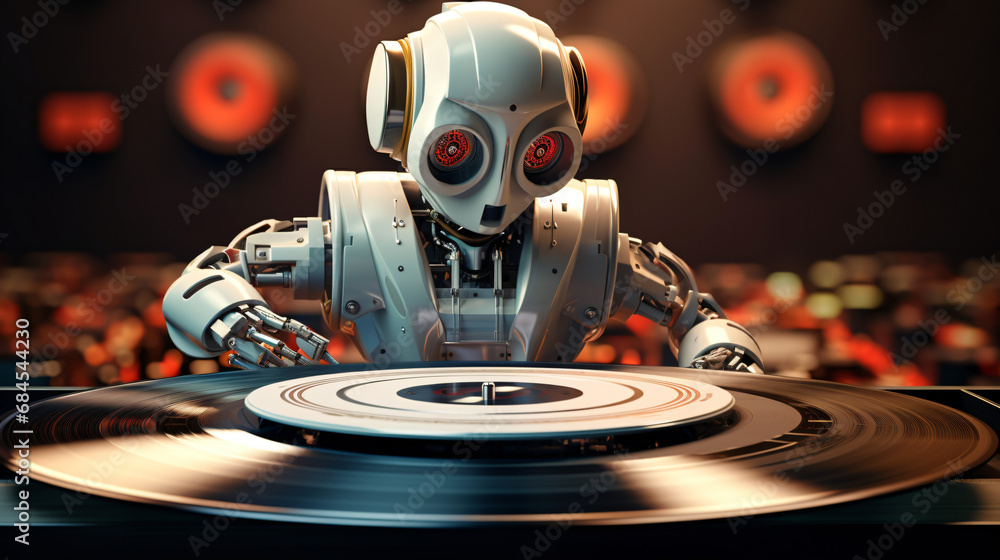 Ai music composer or generator with robot with vinyl - obrazy, fototapety, plakaty 