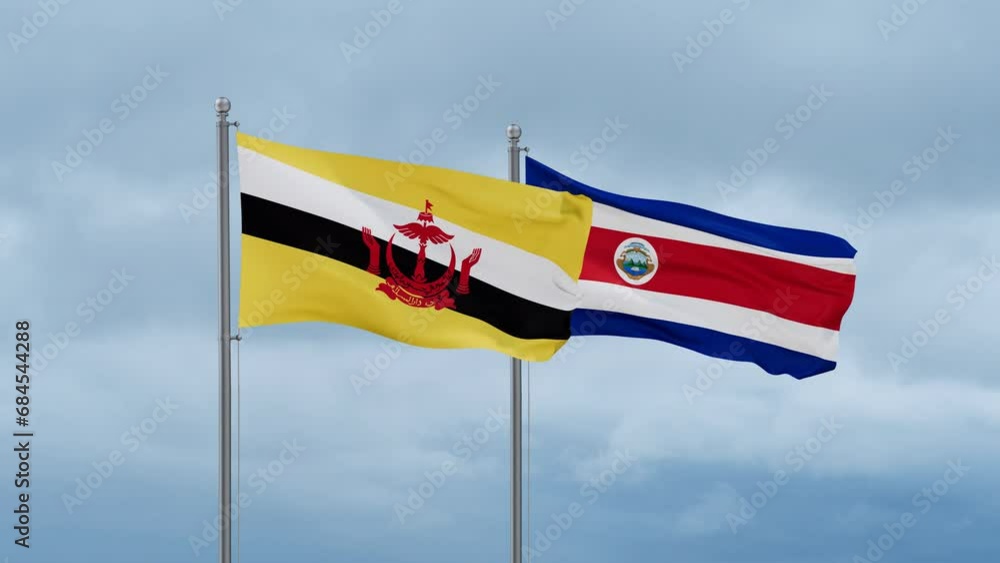 Costa Rico and Brunei flag waving together on cloudy sky, endless seamless loop, two country cooperation concept Costa Rico and Brunei flag waving together on cloudy sky, endless seamless loop, two country cooperation concept