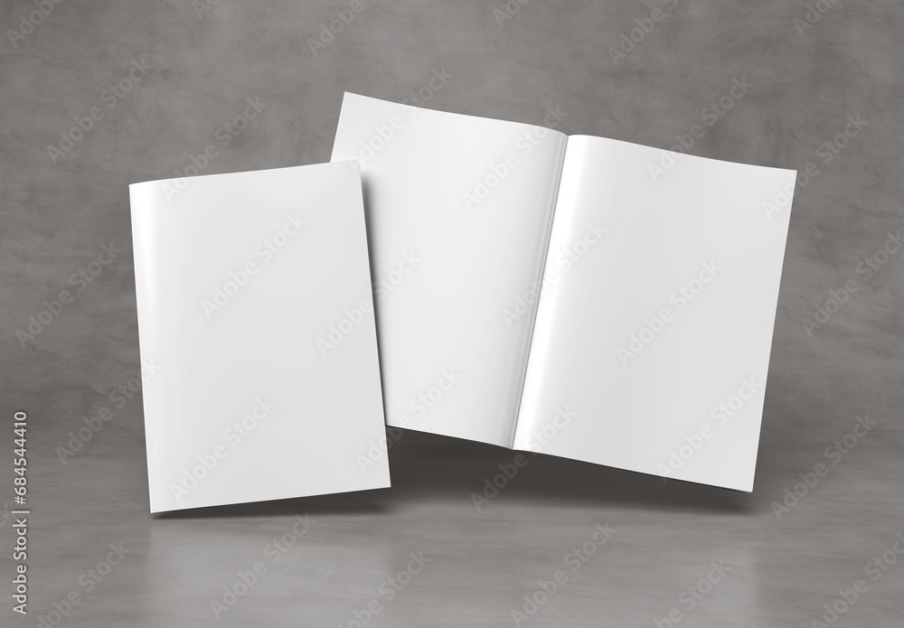 Magazine cover and open magazine mockup on concrete. Empty brochure template. 3D rendering Magazine cover and open magazine mockup on concrete. Empty brochure template. 3D rendering