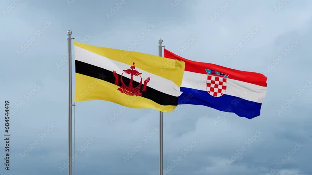 Croatia and Brunei flag waving together on cloudy sky, endless seamless loop, two country cooperation concept Croatia and Brunei flag waving together on cloudy sky, endless seamless loop, two country cooperation concept