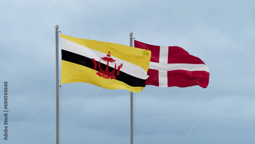 Denmark flag and Brunei flag waving together on cloudy sky, endless seamless loop, two country relations concept Denmark flag and Brunei flag waving together on cloudy sky, endless seamless loop, two country relations concept