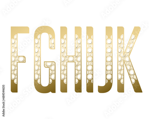 F, G, H, I, J, K capital letters design with exotic pattern. Golden decorative font.
