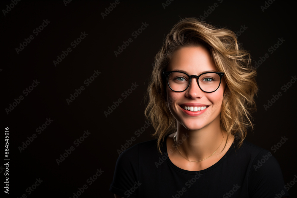 smiling European woman in her 30s. black background smiling European woman in her 30s. black background