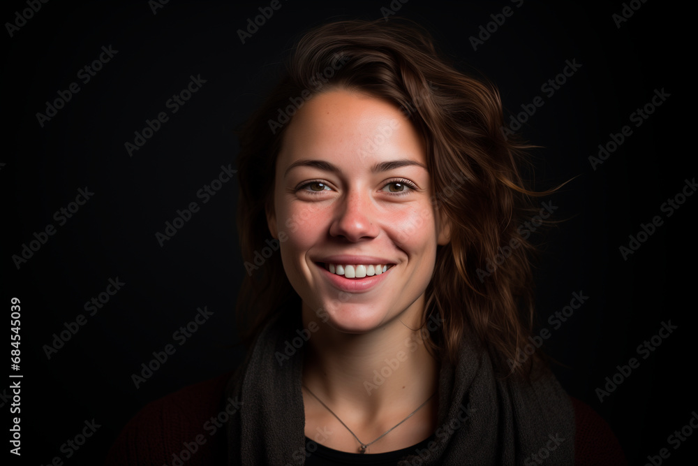 smiling European woman in her 30s. black background smiling European woman in her 30s. black background