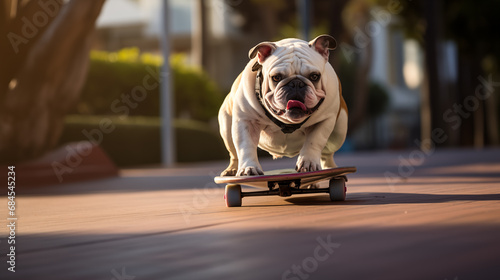An english bulldog riding a skateboard on the street