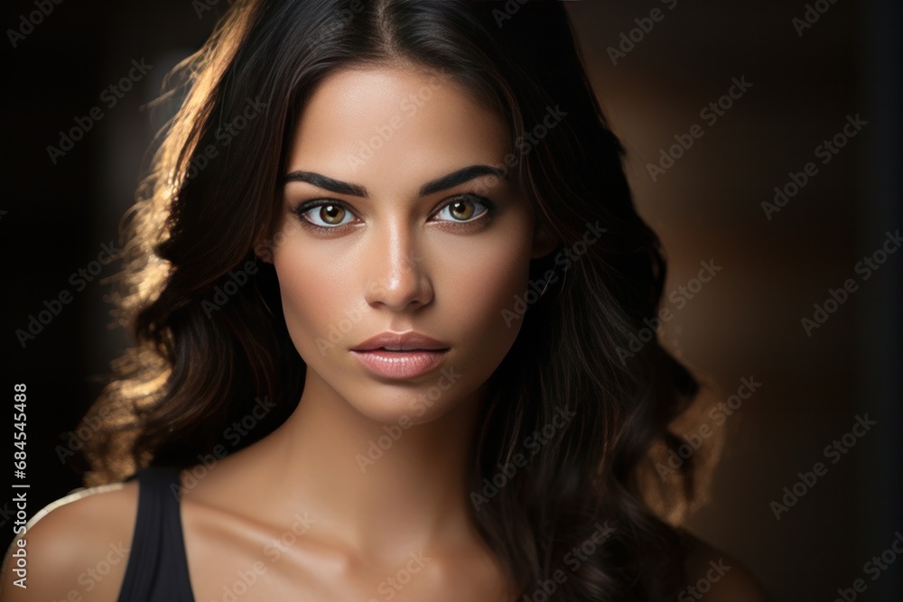 Portrait of young woman with striking eyes in soft lighting. Beauty and skincare. Portrait of young woman with striking eyes in soft lighting. Beauty and skincare.