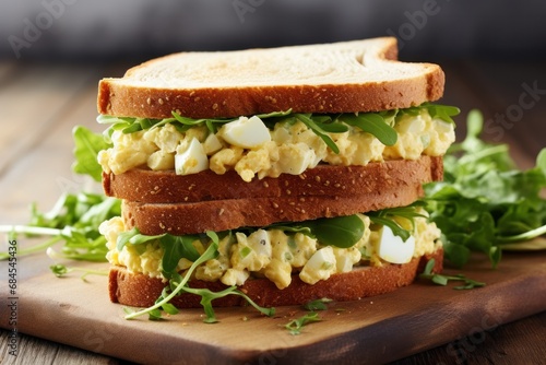 Egg salad sandwich on whole grain bread with fresh greens. Healthy food and lifestyle. photo