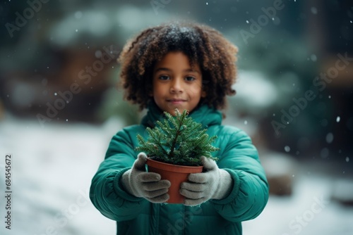 child holding recycling symbol in winter. Generative ai