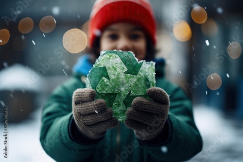 child holding recycling symbol in winter. Generative ai