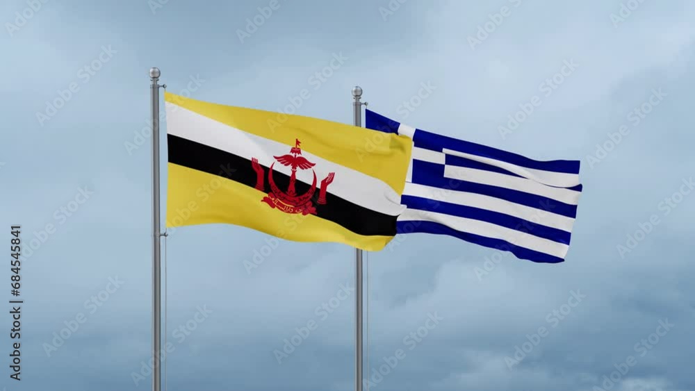 Greece flag and Brunei flag waving together on cloudy sky, endless seamless loop, two country relations concept Greece flag and Brunei flag waving together on cloudy sky, endless seamless loop, two country relations concept