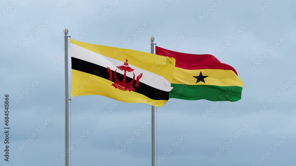 Ghana flag and Brunei flag waving together on cloudy sky, endless seamless loop, two country relations concept Ghana flag and Brunei flag waving together on cloudy sky, endless seamless loop, two country relations concept