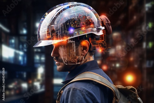 A futuristic construction helmet with digital functions, VR glasses neo equipment