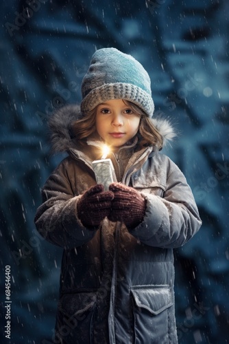 Child holding candle in winter. Generative ai