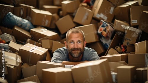 Delivery guy, transport and shipping or courier service. person or driver with cardboard boxes or package form,
 man for courier, logistics and shipping.  photo