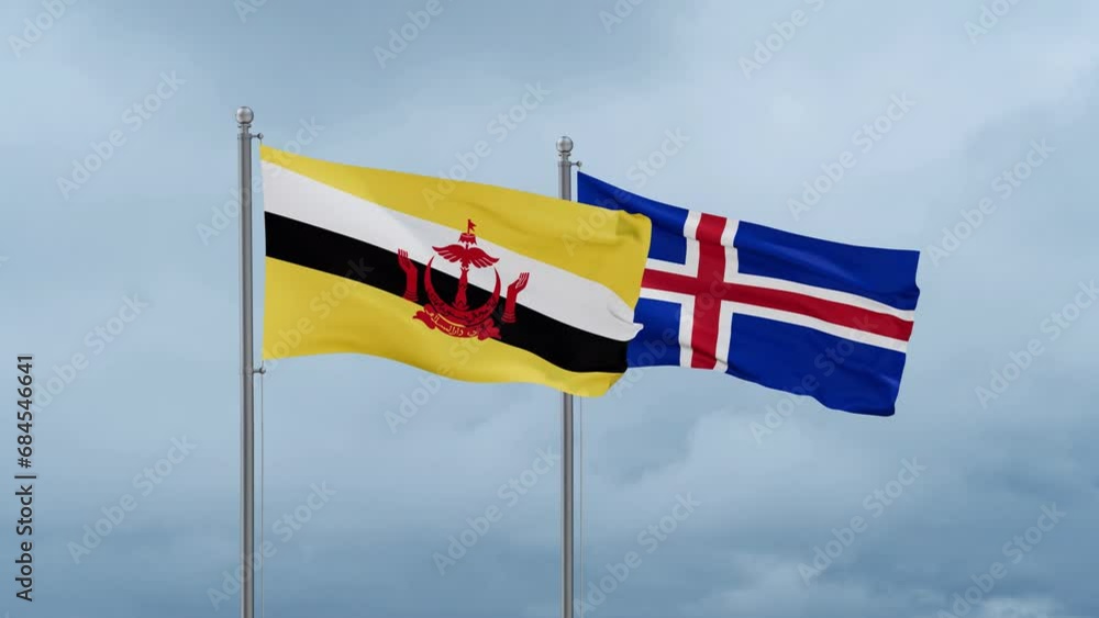 Iceland and Brunei flag waving together on cloudy sky, endless seamless loop, two country cooperation concept Iceland and Brunei flag waving together on cloudy sky, endless seamless loop, two country cooperation concept
