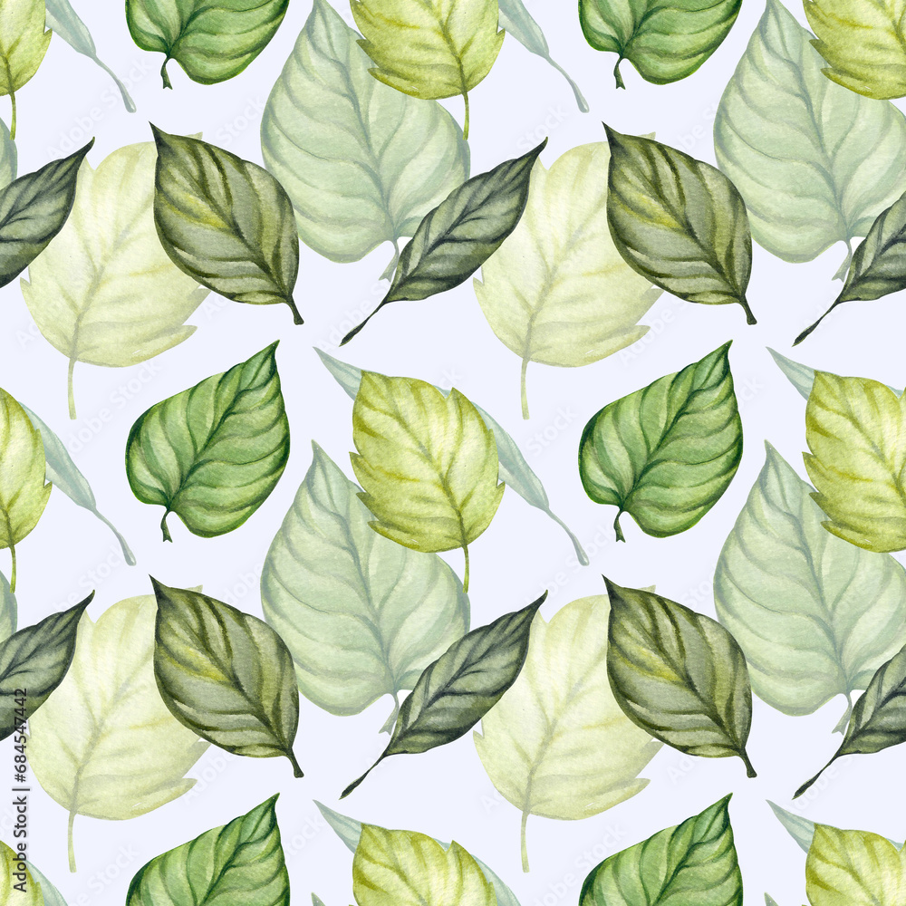 Obraz premium Watercolor seamless pattern with green leaves. Botanical print, natural twigs and greenery. Design and design of wrapping paper, textiles, stationery. Theme of ecology, conservation of nature.