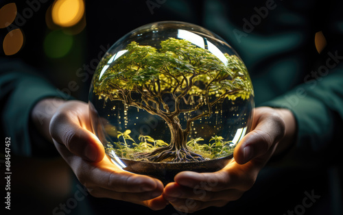 Generative ai illustration of Human hand holding glass ball with tree inside
