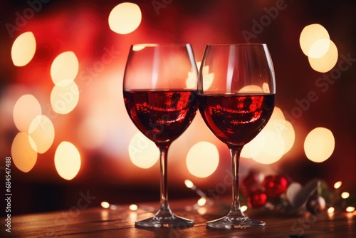 Two wine glasses with red wine for romantic dating or Valentine's day dinner with red rose flowers.