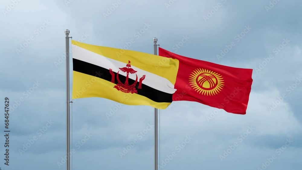 Kyrgyzstan flag and Brunei flag waving together on cloudy sky, endless seamless loop, two country relations concept Kyrgyzstan flag and Brunei flag waving together on cloudy sky, endless seamless loop, two country relations concept