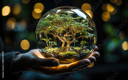 Generative ai illustration of Human hand holding glass ball with tree inside