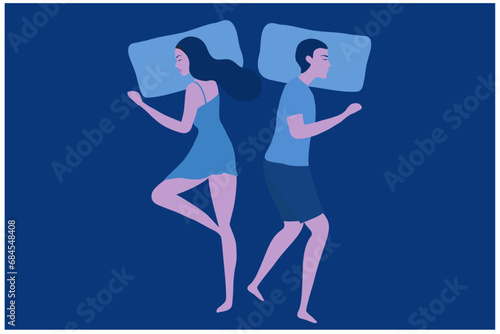 Young couple sleeping and turned back each other. Intimate, married or sexual problems vector illustration 