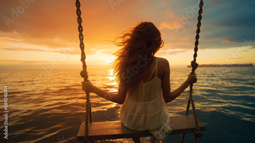 Happy young woman on wooden swing near water sunset
