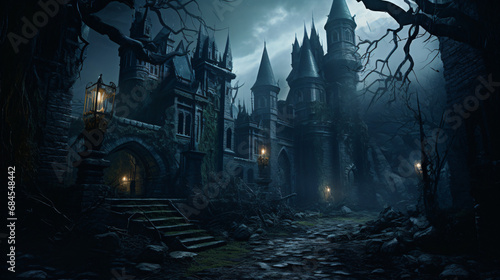 Haunted castle interior on creepy spooky night