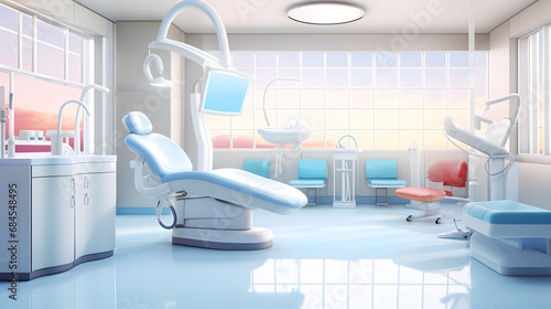 Dentist Office Interior in Blue and White Theme with Orthodontic Chair