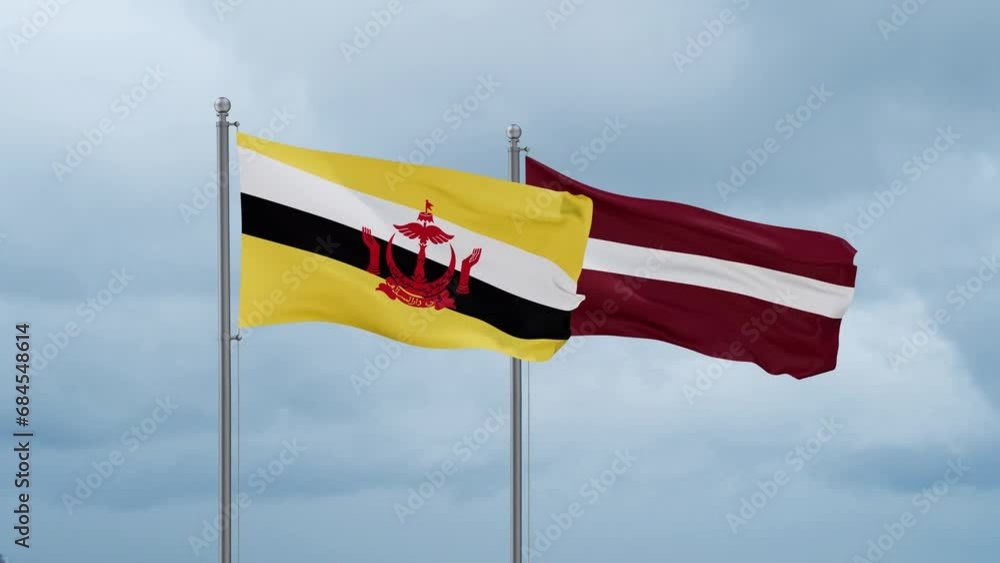 Latvia and Brunei flag waving together on cloudy sky, endless seamless loop, two country cooperation concept Latvia and Brunei flag waving together on cloudy sky, endless seamless loop, two country cooperation concept