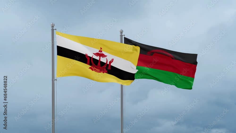 Malawi flag and Brunei flag waving together on cloudy sky, endless seamless loop, two country relations concept Malawi flag and Brunei flag waving together on cloudy sky, endless seamless loop, two country relations concept