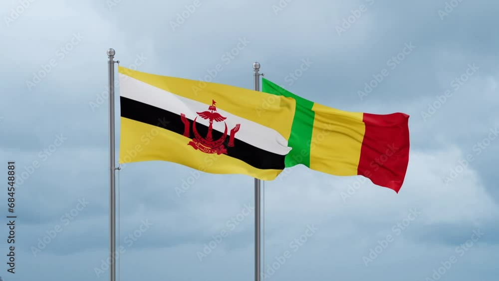 Mali and Brunei flags waving together on cloudy sky, endless seamless loop, two country relations concept Mali and Brunei flags waving together on cloudy sky, endless seamless loop, two country relations concept