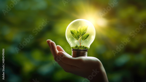 holding light bulb against nature on background
