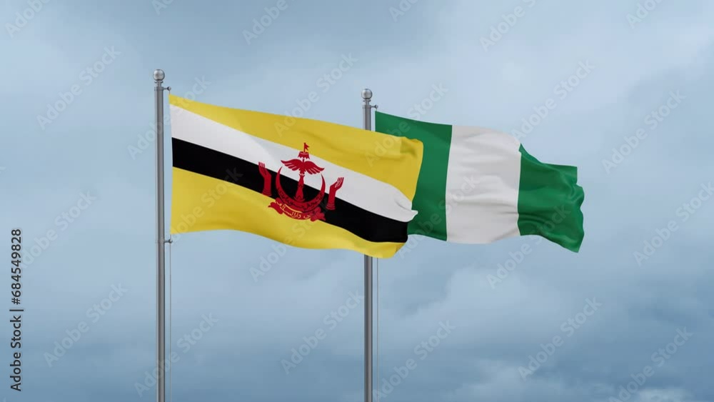 Nigeria flag and Brunei flag waving together on cloudy sky, endless seamless loop, two country relations concept Nigeria flag and Brunei flag waving together on cloudy sky, endless seamless loop, two country relations concept
