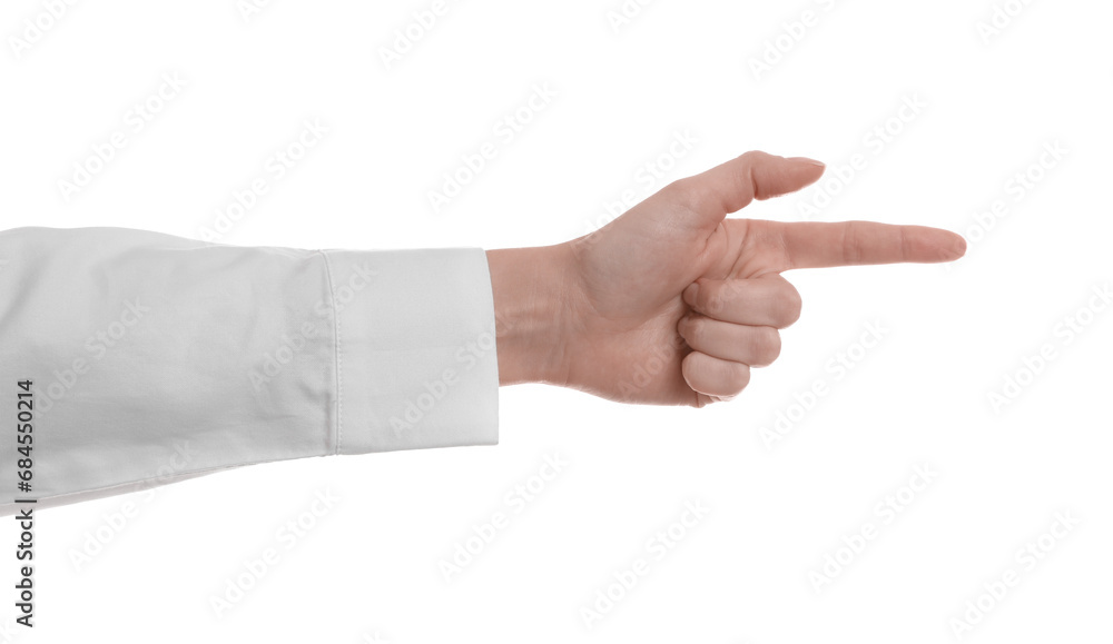 Woman pointing with index finger on white background, closeup. Responsibility concept Woman pointing with index finger on white background, closeup. Responsibility concept