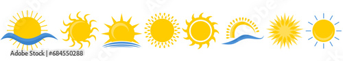 Sun icon set. Yellow sun star icons collection. Summer, sunlight, nature, sky. Vector illustration isolated on Transparent background.