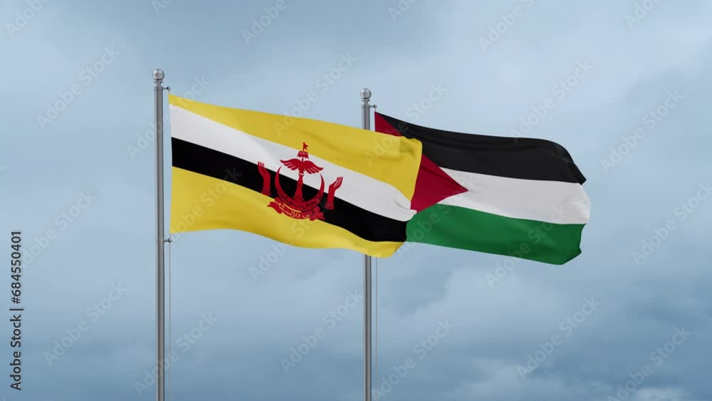 Palestine and Gaza Strip flag and Brunei flag waving together on blue sky, looped video Palestine and Gaza Strip flag and Brunei flag waving together on blue sky, looped video