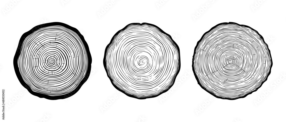 set vector illustration of round tree trunk cuts, sawn pine or oak slices, lumber. Saw cut timber, wood. Wooden texture with tree rings. Hand drawn sketch isolated on white background - obrazy, fototapety, plakaty 