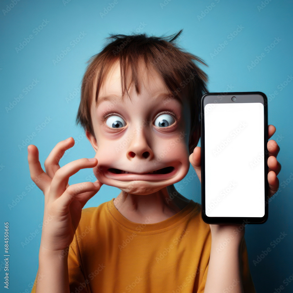A child with strange facial expressions shows a phone to mocks with a white screen on a blue background. ai generative A child with strange facial expressions shows a phone to mocks with a white screen on a blue background. ai generative