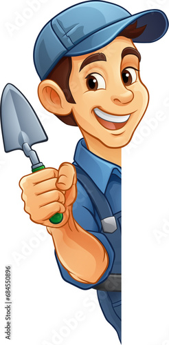 A bricklayer handyman cartoon construction mascot character man holding a trowel tool