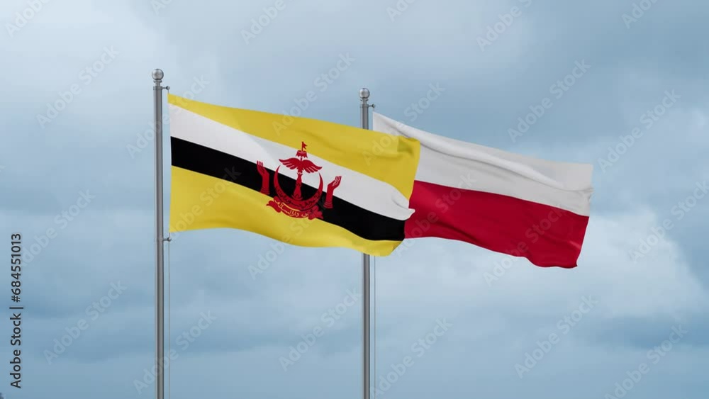 Poland and Brunei flag waving together on cloudy sky, endless seamless loop, two country cooperation concept Poland and Brunei flag waving together on cloudy sky, endless seamless loop, two country cooperation concept