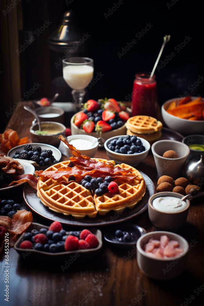 Morning Feast: Waffles, Bacon, Sausage, Croissants, and Berries Spread on Breakfast Table
