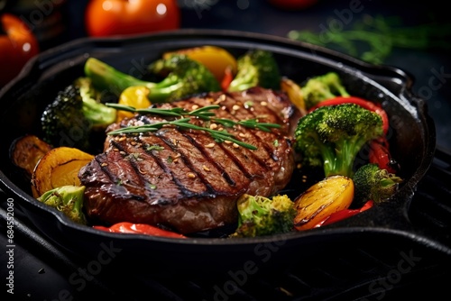 American food concept. Grilled beef steak with grilled vegetables, with carrots, cherry tomatoes, broccoli, in a cast iron pan. copy space and generative ai
