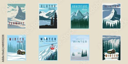 set of winter and mountain poster vector illustration template graphic design. bundle collection of various landscape nature on snow for travel business or adventure concept