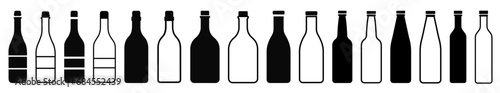 Set of silhouettes and outlines of  bottles. Black silhouette of a vessel for various types of drinks. 
