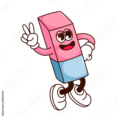 Groovy eraser character vector illustration. Cartoon isolated weird stationery retro sticker of funny dance of blue and pink eraser, school supply mascot dancing, walking with hippie victory gesture