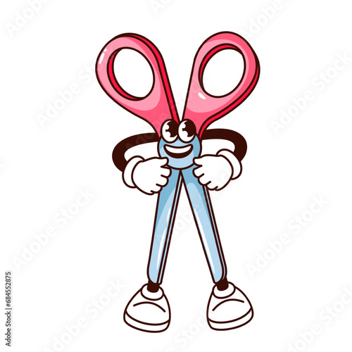 Groovy school scissors character vector illustration. Cartoon isolated stationery retro sticker, funny mascot with happy smile on face, scissors emoji with pink plastic handles and metal blades