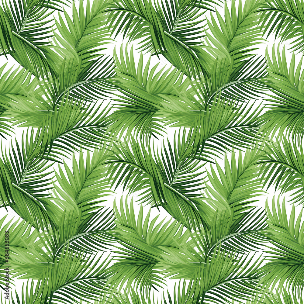 palm leaves in shades of green with white stems seamless pattern background