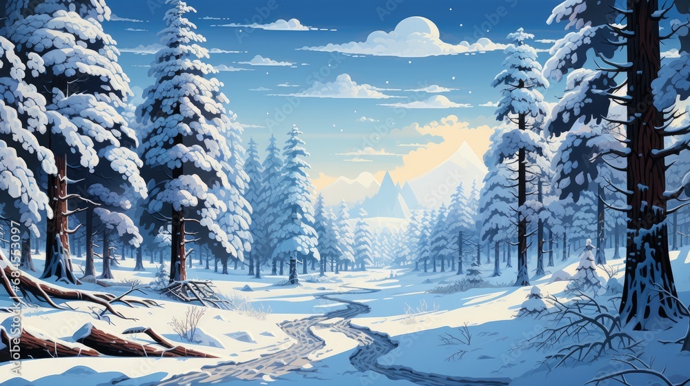 Peaceful Winter Wonderland in Snowy Forest - obrazy, fototapety, plakaty 