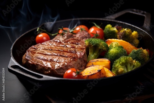 American food concept. Grilled beef steak with grilled vegetables, with carrots, cherry tomatoes, broccoli, in a cast iron pan. copy space and generative ai