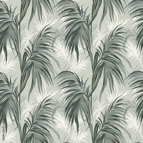 palm leaves in shades of green with white stems seamless pattern background